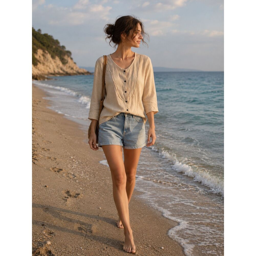 Hot Cotton 100% Linen Peach Shirt Women Size M Button Front Lightweight Summer